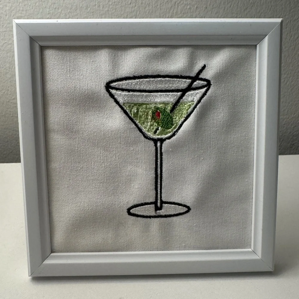 Handmade Martini Glass Embroidered Picture Frame Decor | Bar Cocktail Wall Art
